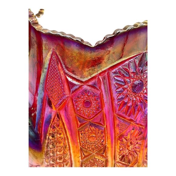 Vtg Carnival Indiana Glass Red Amberina Sunburst Iridescent Heavy Pitcher Glows - Picture 6 of 10